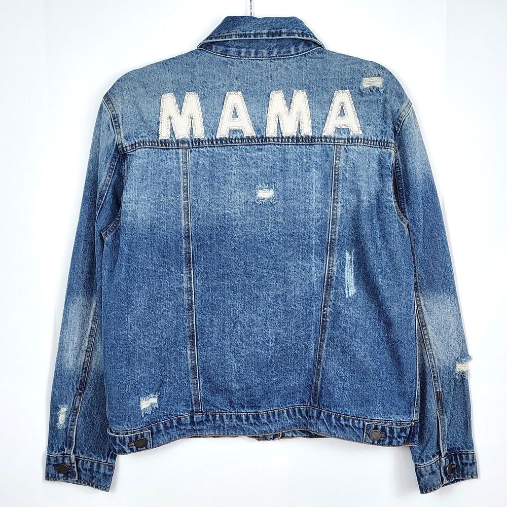 Judith March Mama Varsity Letter Beaded Patch Denim Jean Jacket Distressed Small